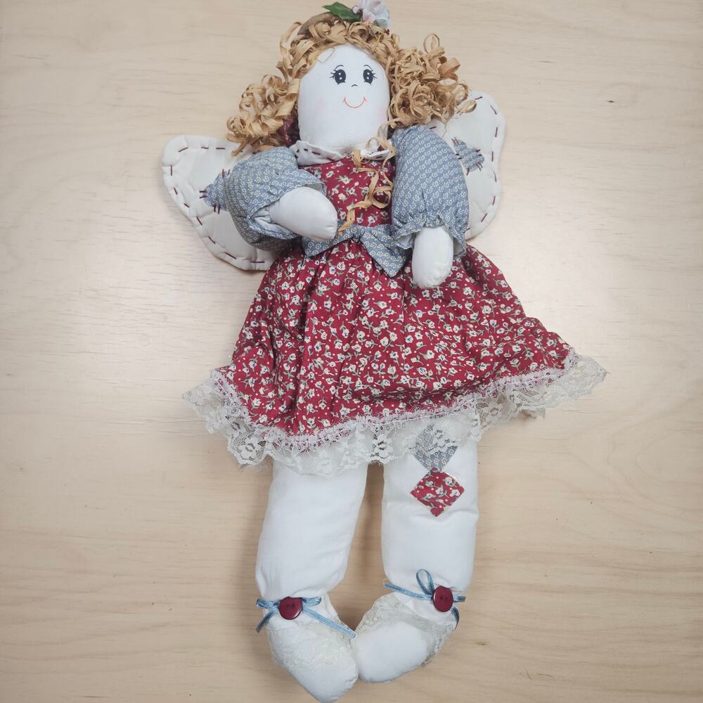 Vintage Collectible Country Cloth Angel Doll Plush 17" Quilted Wings Primitive